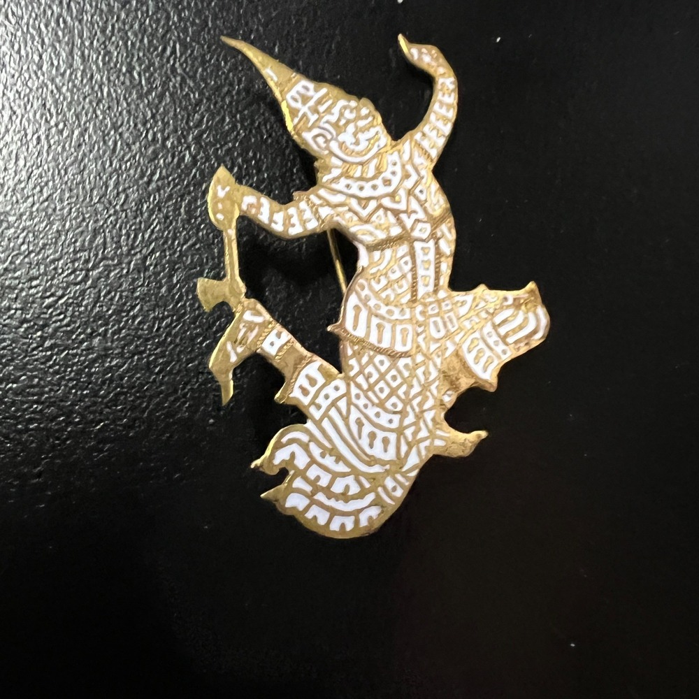 Vintage Siam Thailand Dancer Brooch White Enamel Brass Ethnic Costume Pin 2 Inch